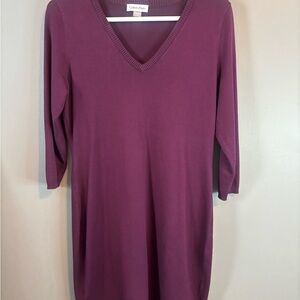 Calvin Klein V-Neck Sweater Dress - 3/4 Sleeve - Deep Plum Color- Size M